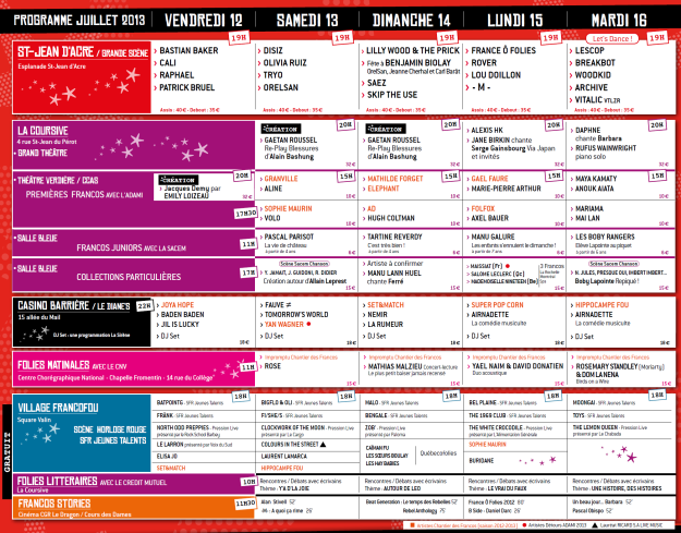 Francofolies 2013 - Les horaires complets