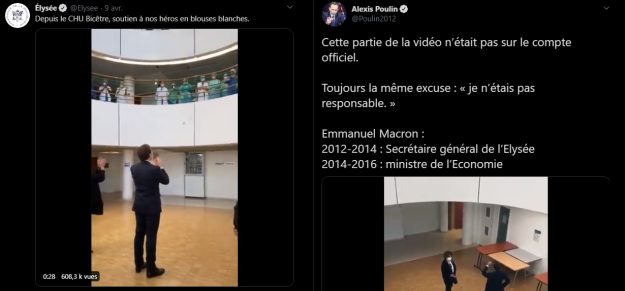 200410 - Twitter Elysée et Elexis Poulin Emmanuel Macron soignants CHU Kremlin-Bicêtre le 9 avril 2020 - La Déviation