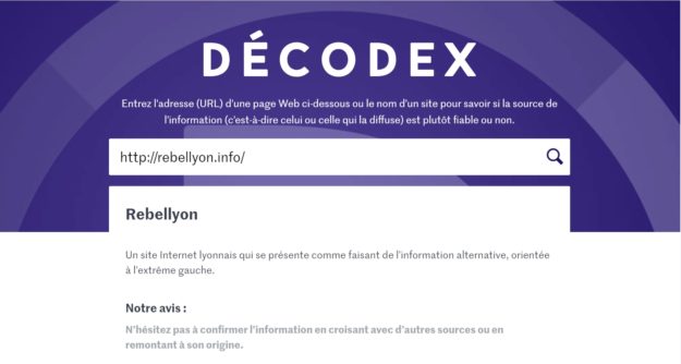 200502 - Capture d'écran du Decodex concernant Rebellyon by Le Monde - La Déviation